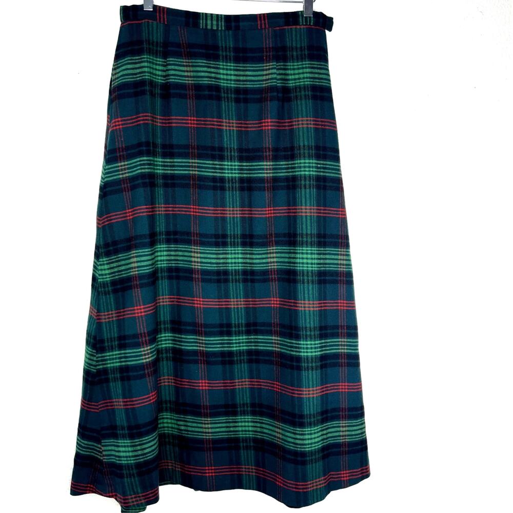 Vintage Wool Tartan Plaid Maxi Skirt Green Red Navy Lined Pockets Large
